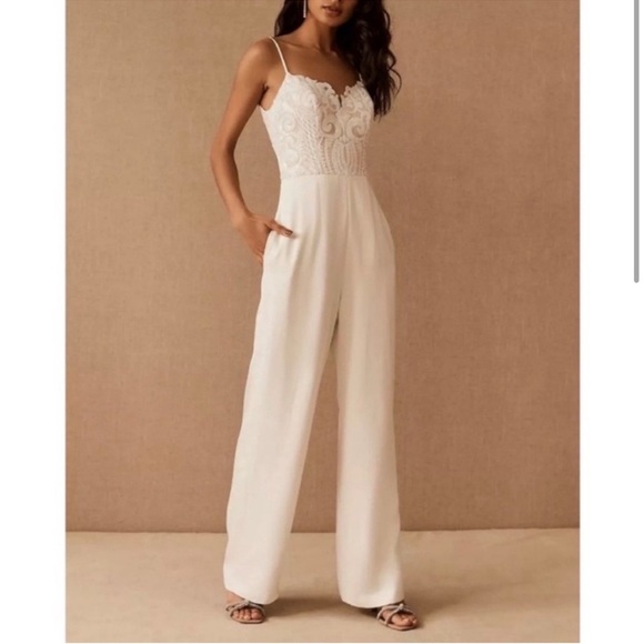 New Hayley Paige x BHLDN Harvey Ivory Beige Sequin Bodice Crepe Wedding Jumpsuit - Picture 1 of 14